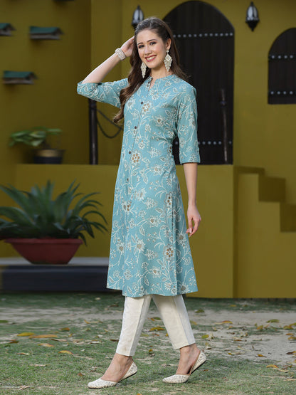 Stylum Women's Floral Print Rayon A-Line Kurta (FIONAAQUA)