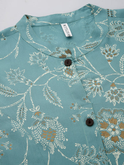 Stylum Women's Floral Print Rayon A-Line Kurta (FIONAAQUA)