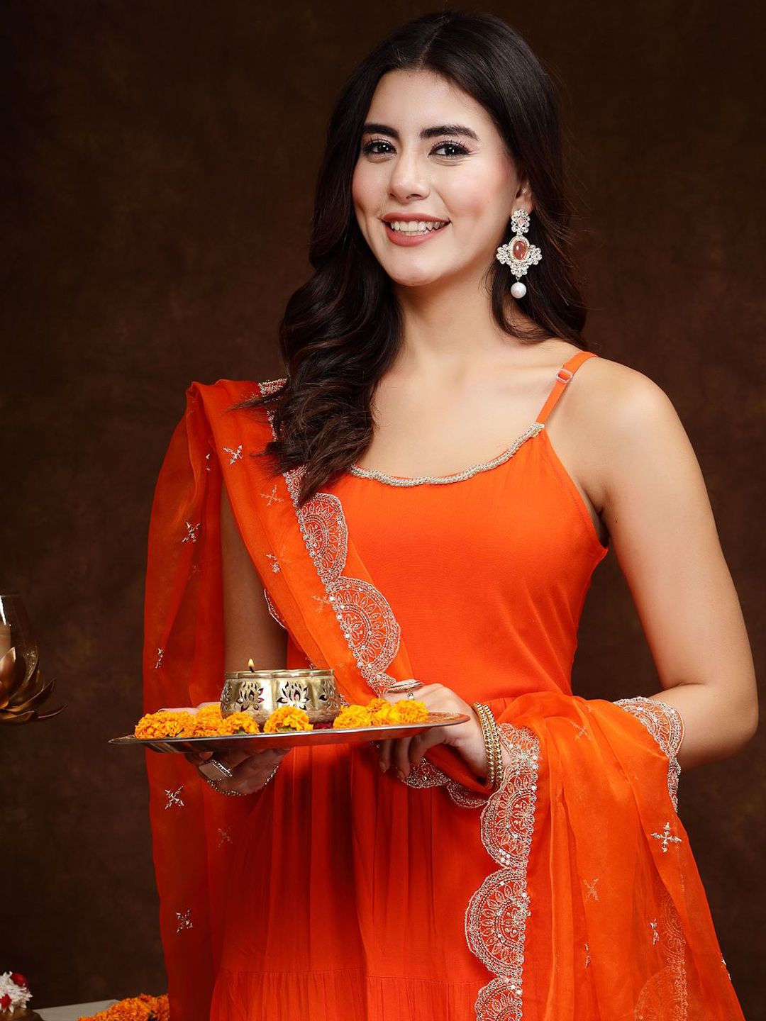 Orange & White Sleeveless Tiered A Line Kurta & Trousers With Dupatta