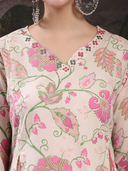 Floral Printed Straight Pure Cotton Kurta With Trousers & Dupatta