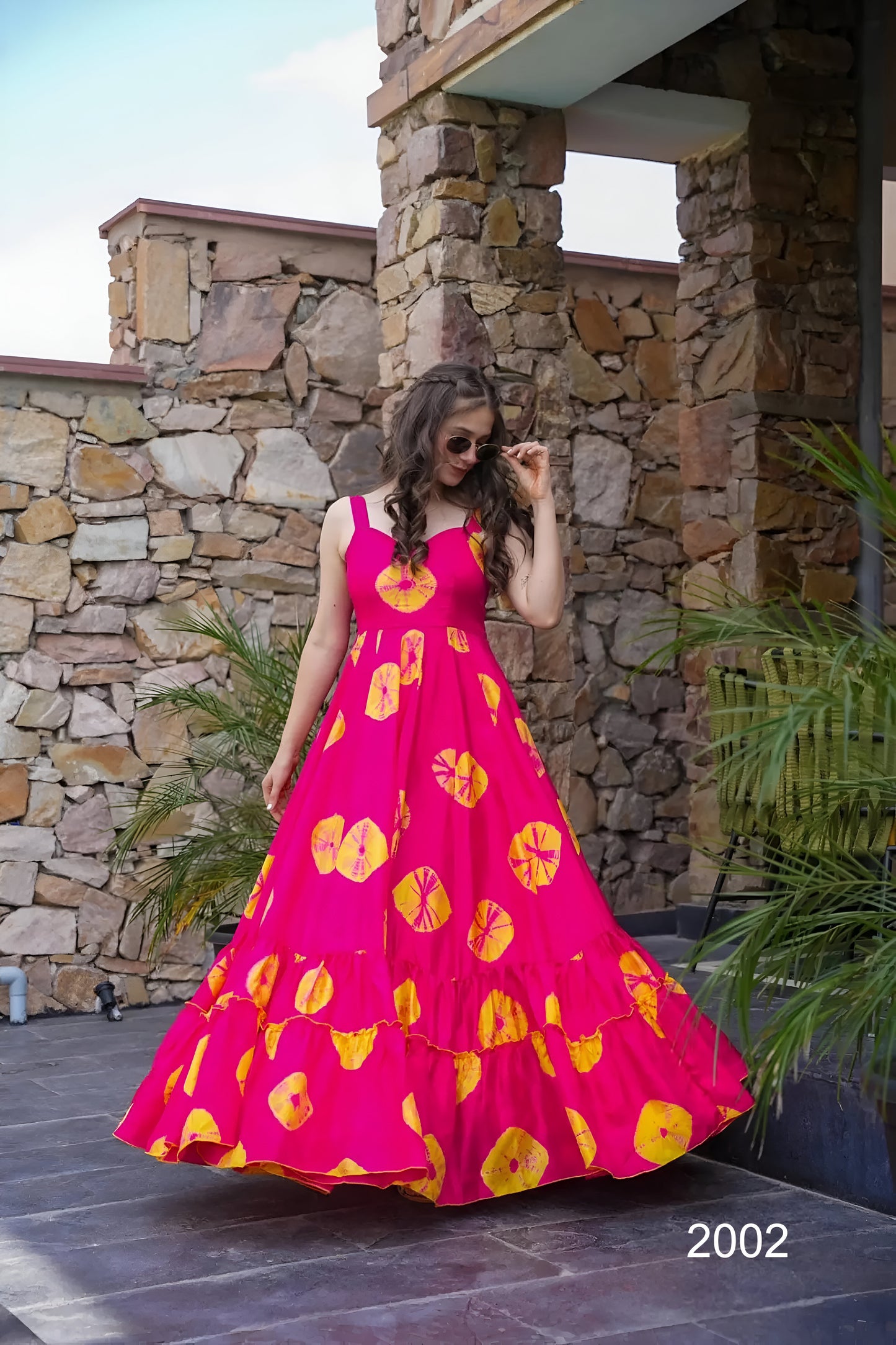 Pink Floral Printed Flared Rayon Long Dress