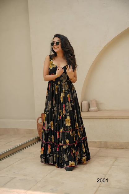 Black Floral Digital Printed Flared Rayon Long Dress