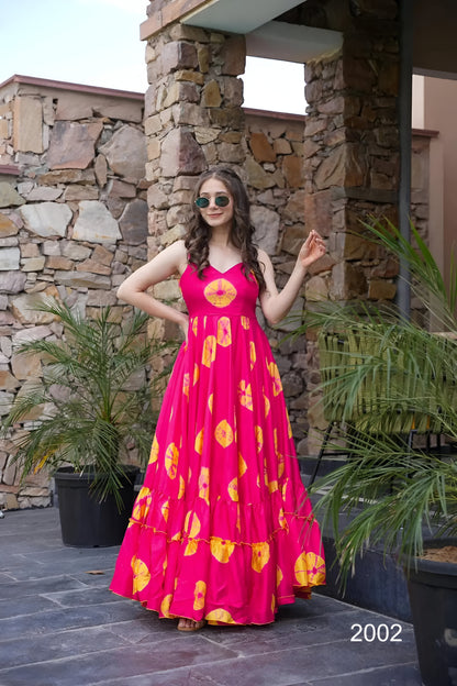 Pink Floral Printed Flared Rayon Long Dress