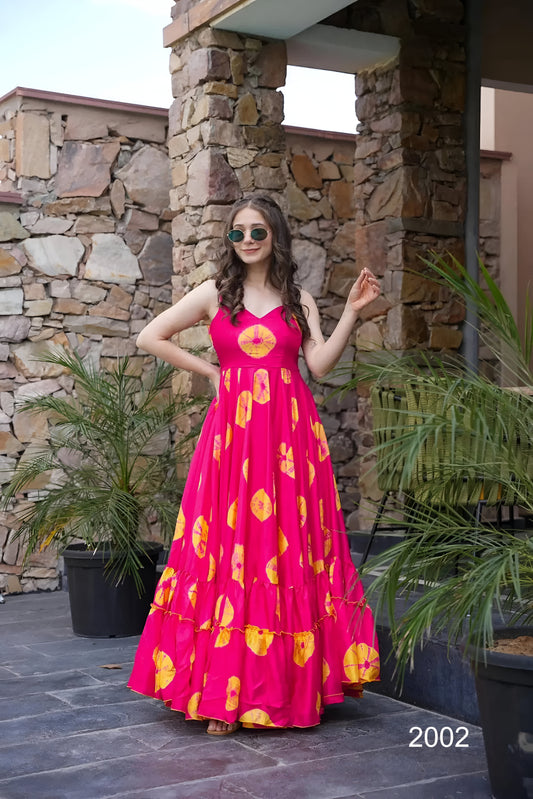 Pink Floral Printed Flared Rayon Long Dress