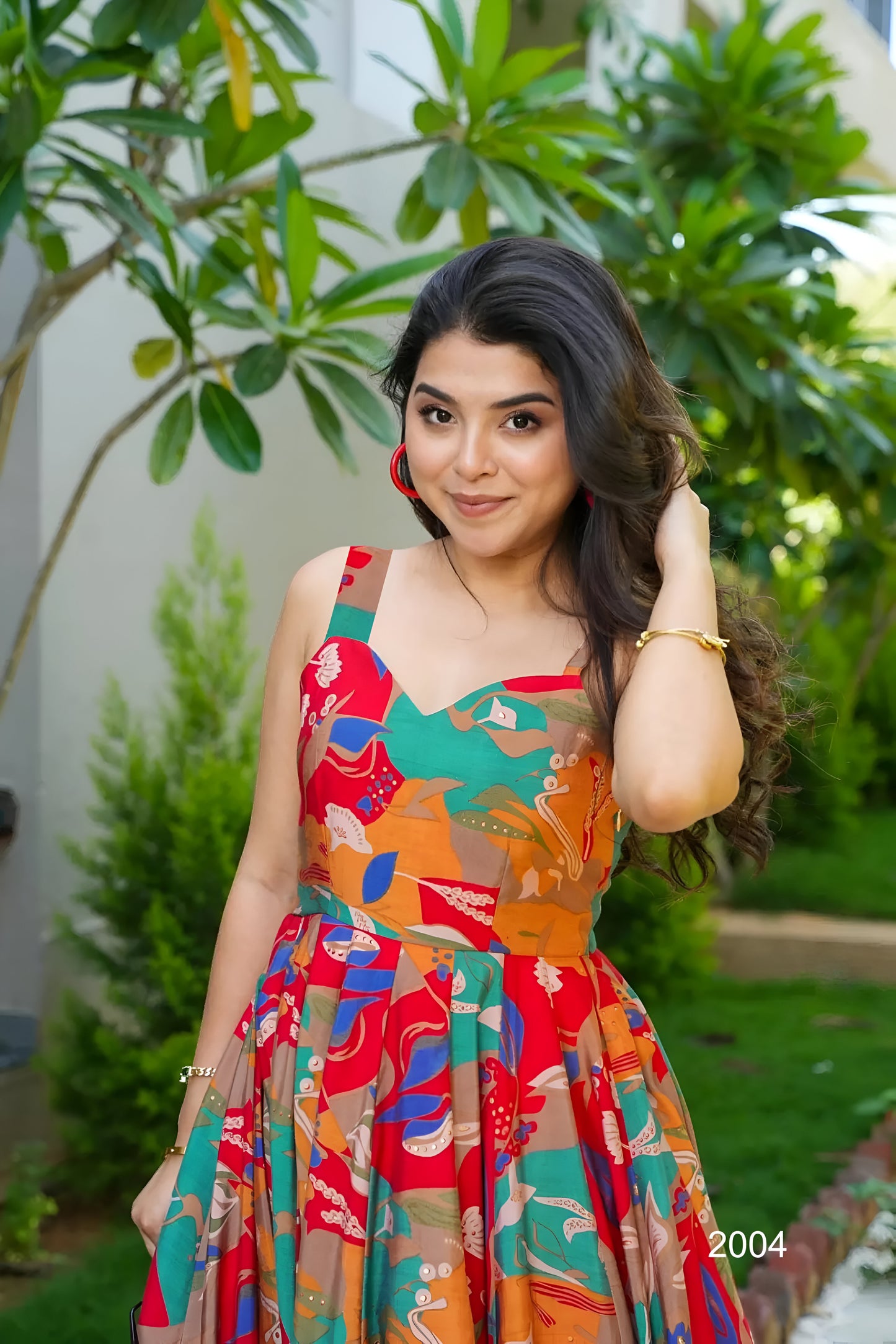 Red Multicoloured Floral Printed Flared Rayon Long Dress