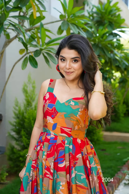 Red Multicoloured Floral Printed Flared Rayon Long Dress