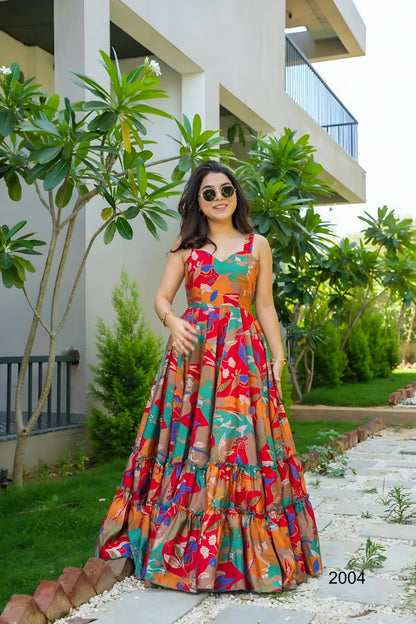 Red Multicoloured Floral Printed Flared Rayon Long Dress