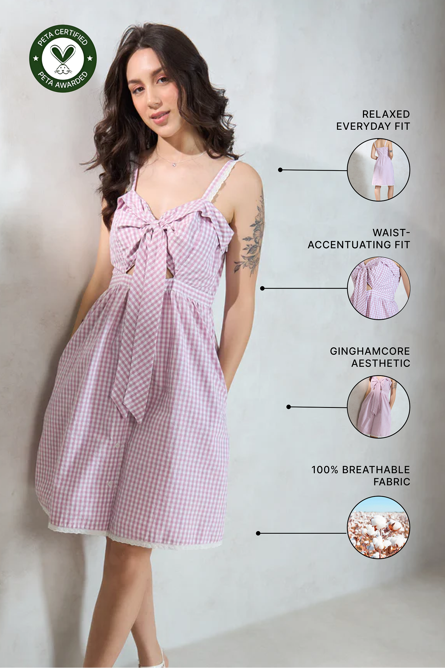 100% Cotton Front Tie Lace Detail Dress