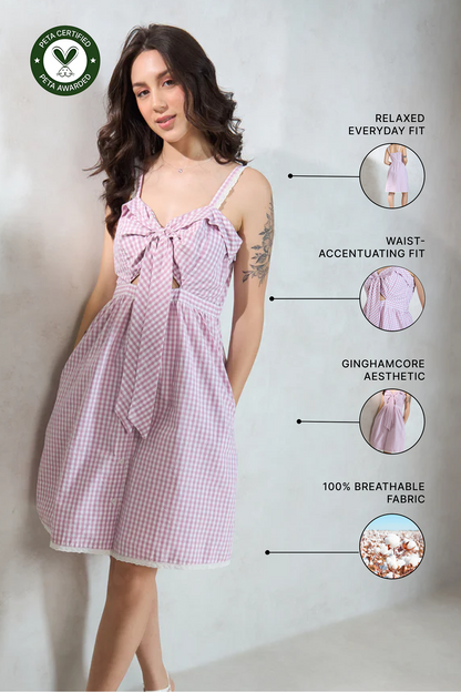 100% Cotton Front Tie Lace Detail Dress