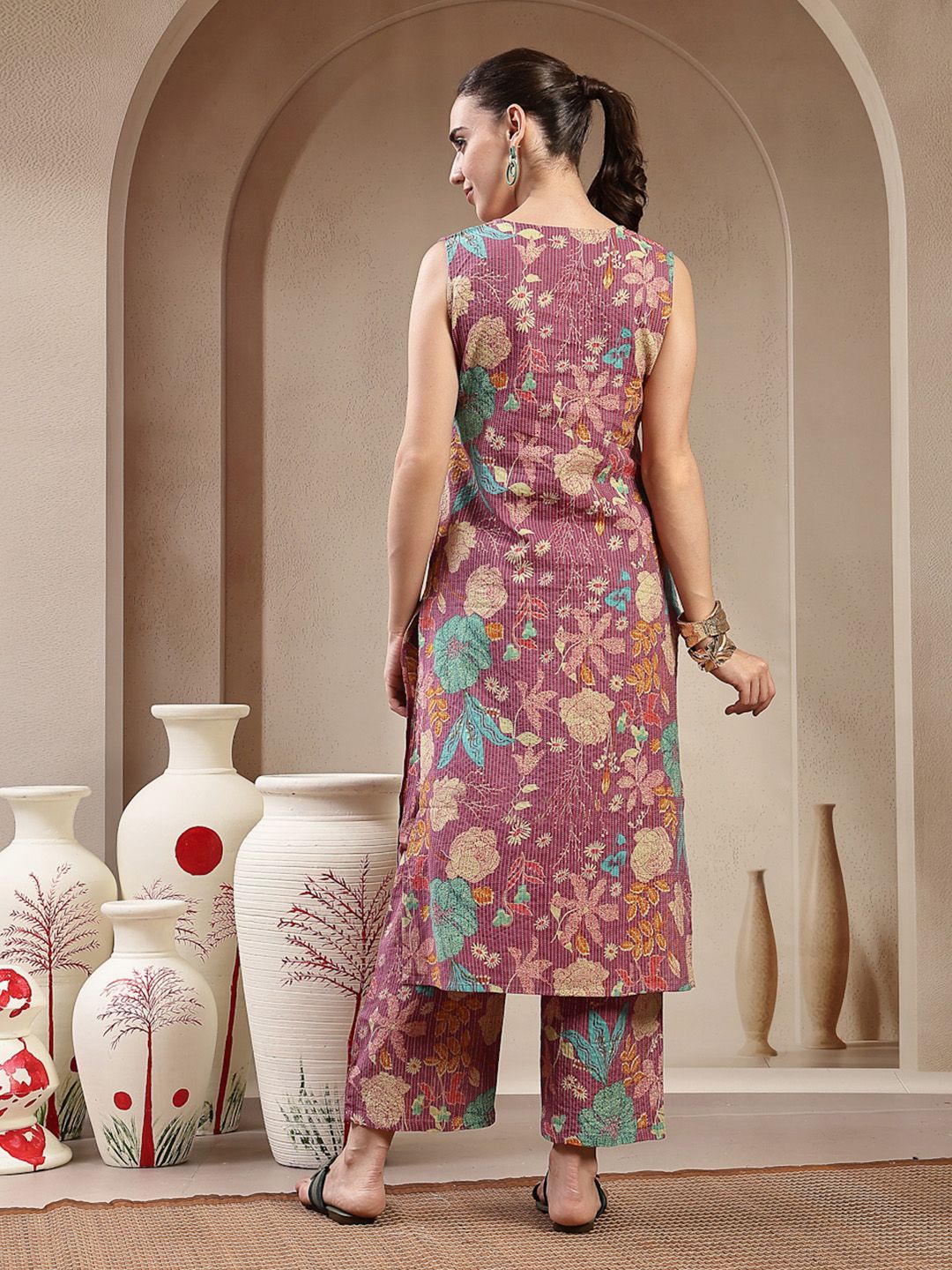 Floral Striped V-Neck Kantha Work Pure Cotton Kurta With Trousers