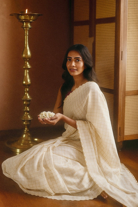 Mulla Off White Checked Saree