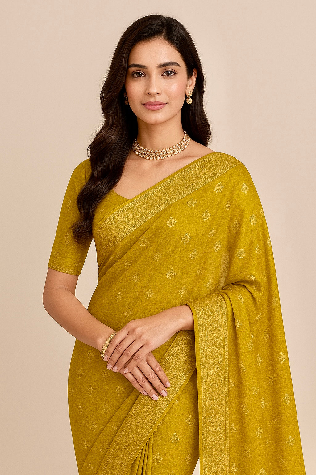 Divine Drapes Green Saree With Golden Motifs