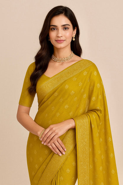 Divine Drapes Green Saree With Golden Motifs