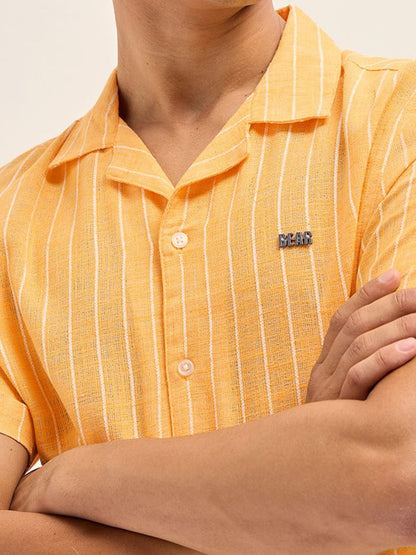 Striped Cuban Collar Relaxed Fit Linen Casual Shirt