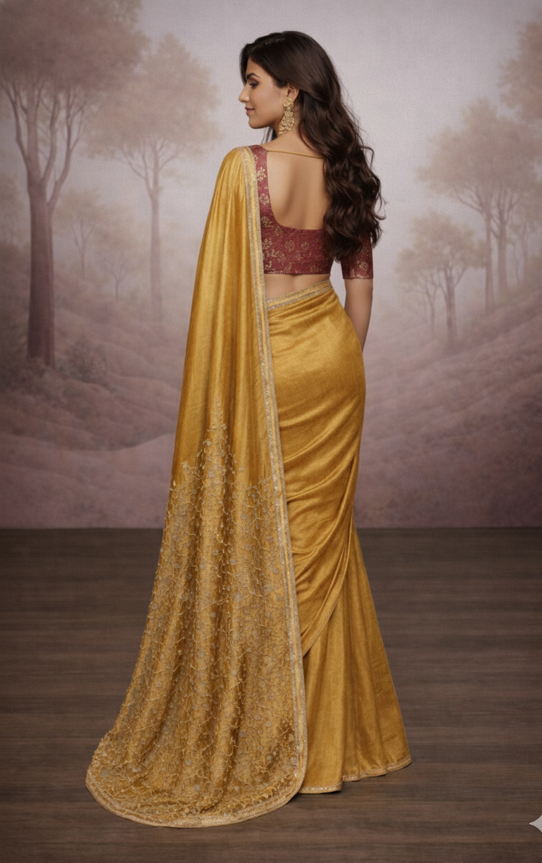 Dance of Duality Embroidered Solid Gold Saree