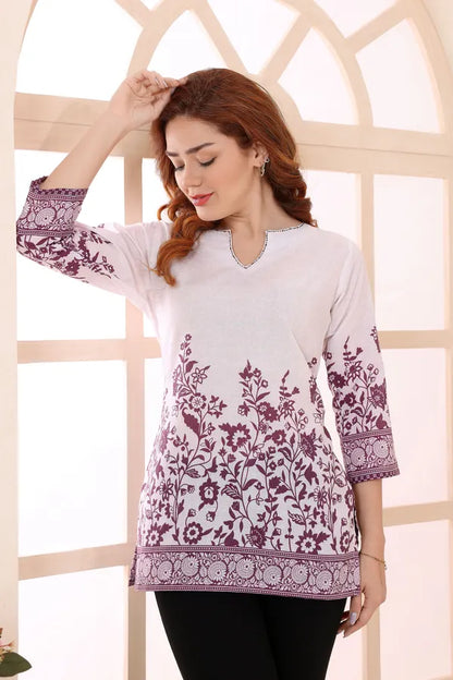 Purple Cotton Short Kurti Tunic Top with Ethnic Motifs for Women