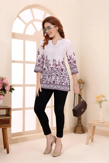 Purple Cotton Short Kurti Tunic Top with Ethnic Motifs for Women