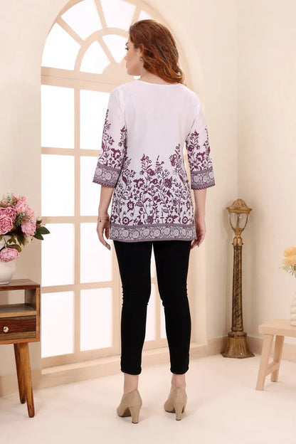 Purple Cotton Short Kurti Tunic Top with Ethnic Motifs for Women