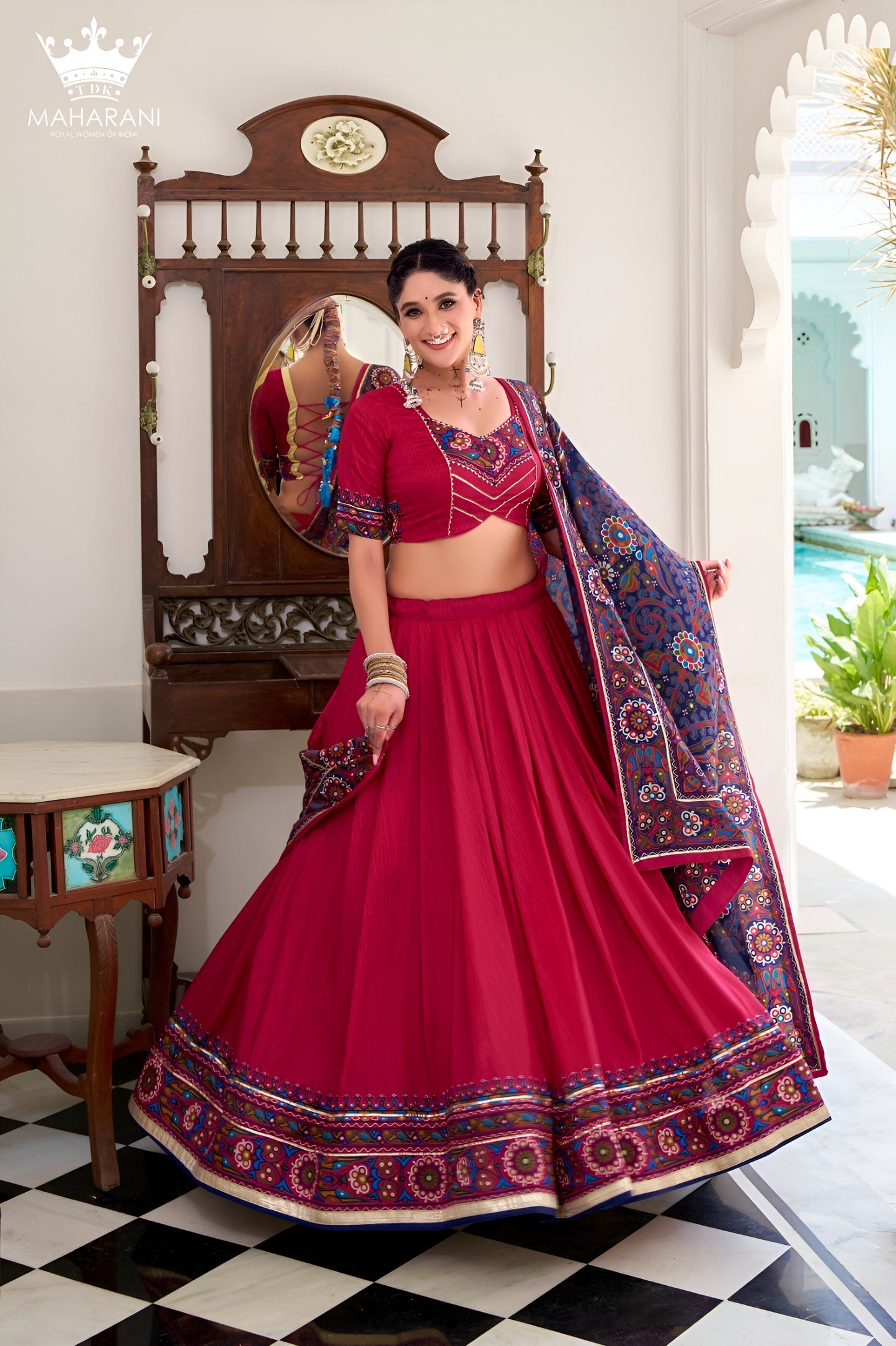 Rani Pink Print With Mirror Work Lehenga for Navratri/Garba (adjustable blouse size S - L)