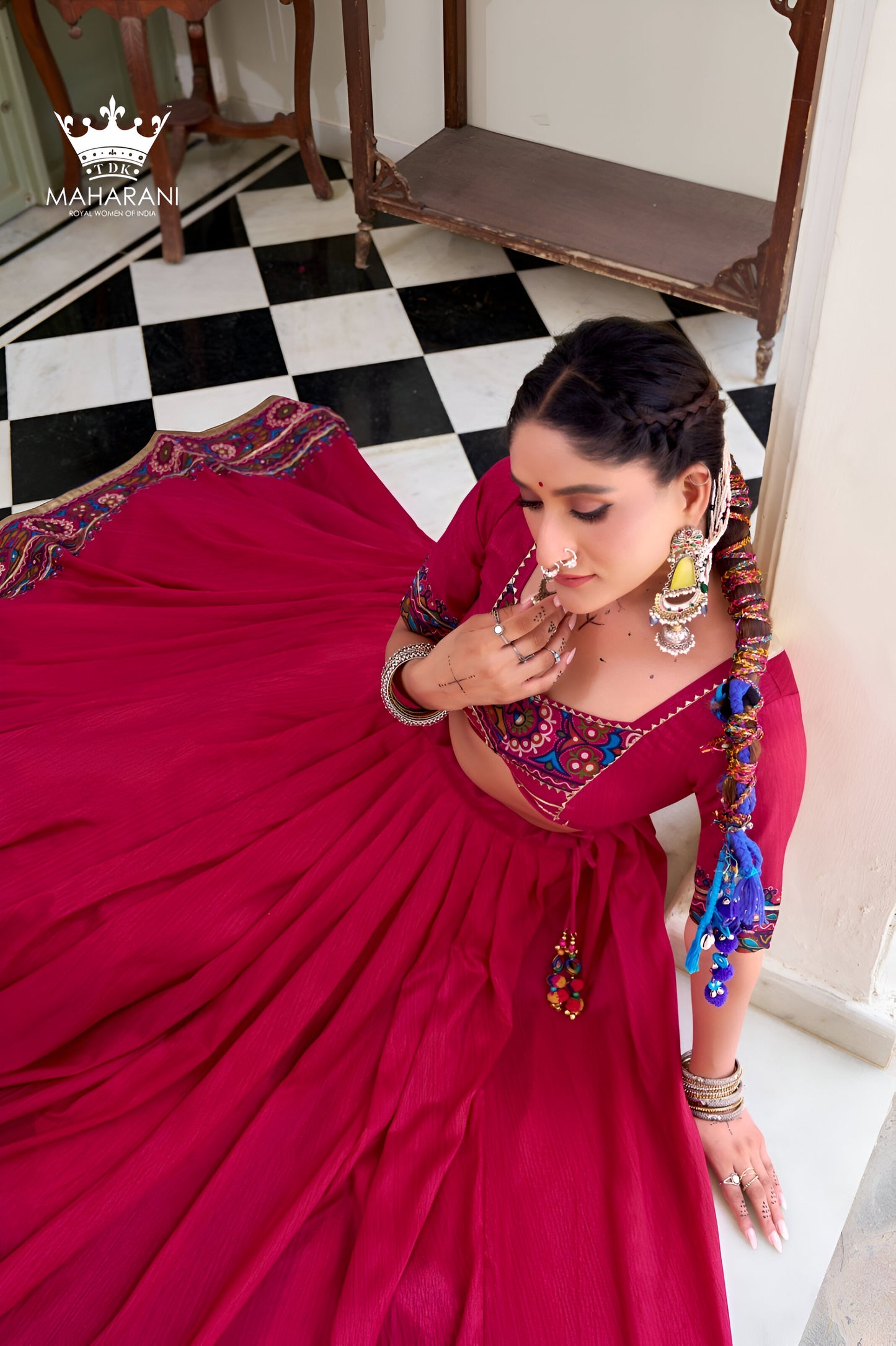 Rani Pink Print With Mirror Work Lehenga for Navratri/Garba (adjustable blouse size S - L)