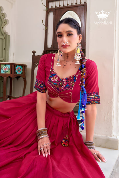 Rani Pink Print With Mirror Work Lehenga for Navratri/Garba (adjustable blouse size S - L)