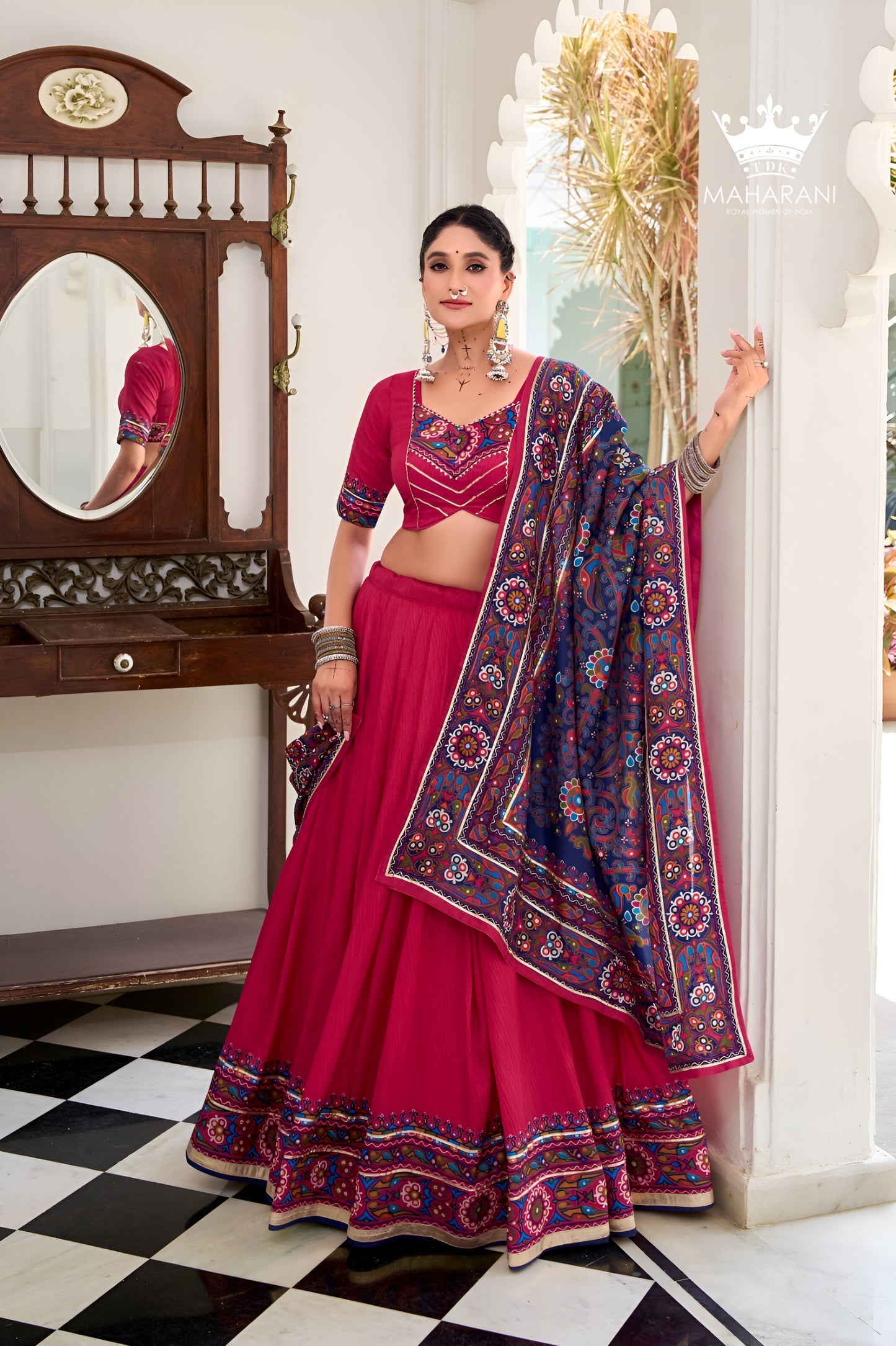 Rani Pink Print With Mirror Work Lehenga for Navratri/Garba (adjustable blouse size S - L)