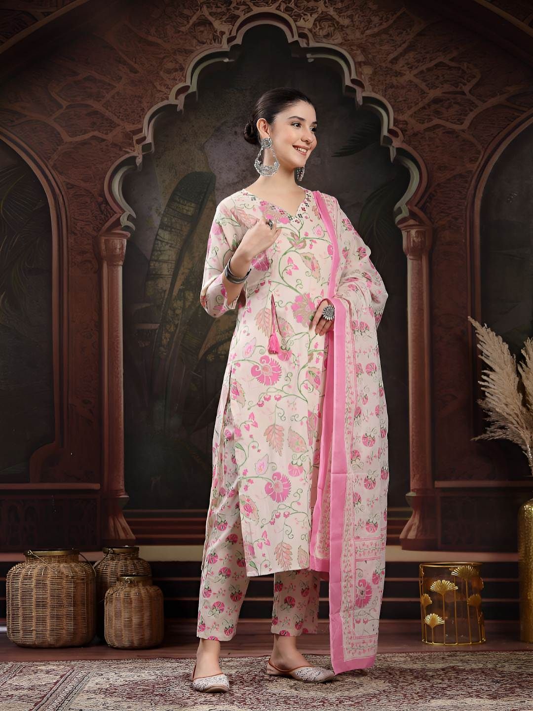Floral Printed Straight Pure Cotton Kurta With Trousers & Dupatta