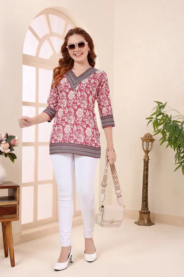 Coral Cotton V Neck Short Kurti Tunic Top for Women
