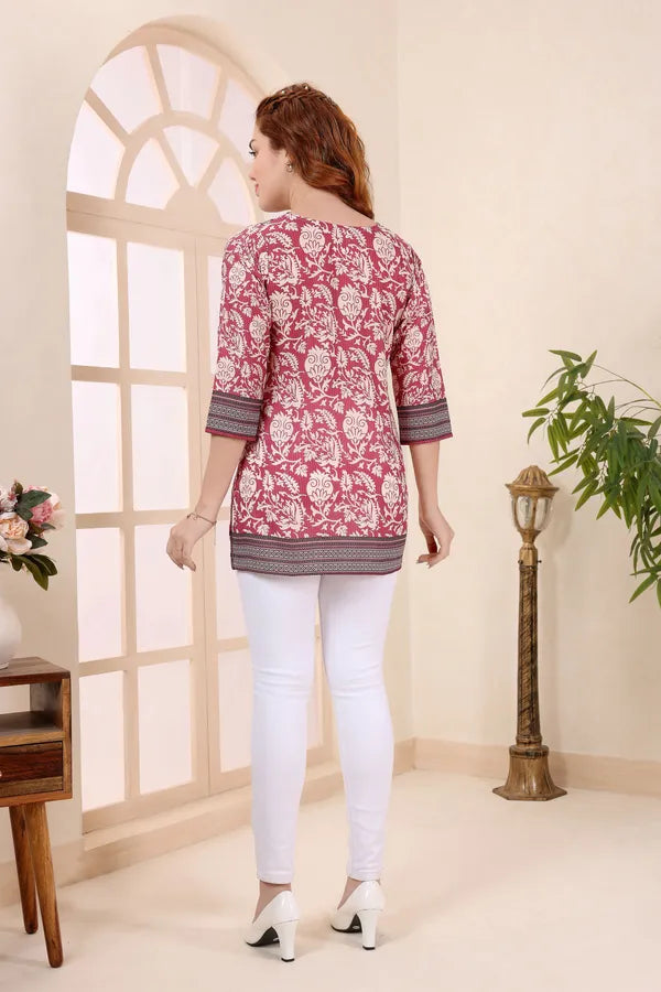 Coral Cotton V Neck Short Kurti Tunic Top for Women
