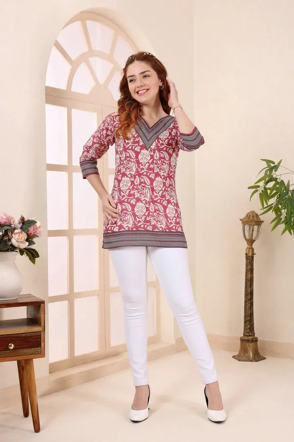 Coral Cotton V Neck Short Kurti Tunic Top for Women