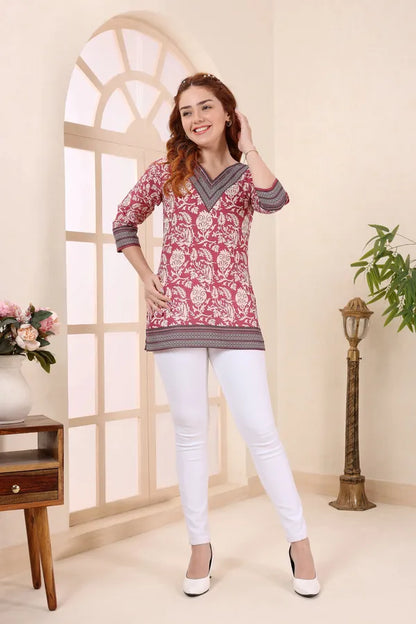 Coral Cotton V Neck Short Kurti Tunic Top for Women