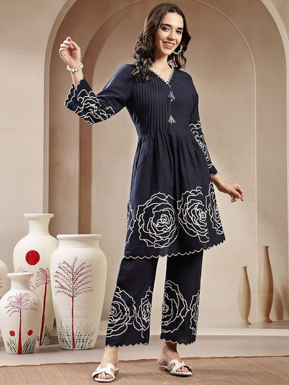 Embroidered Pure Cotton V Neck Tunic With Trousers