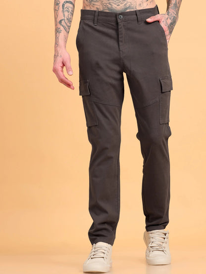 Men Cotton Regular Fit Cargo Trousers, Dark Grey
