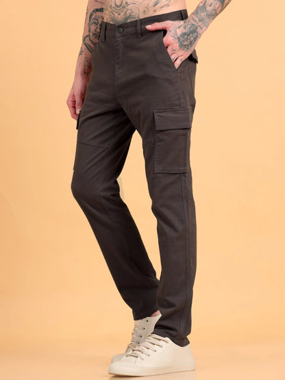 Men Cotton Regular Fit Cargo Trousers, Dark Grey