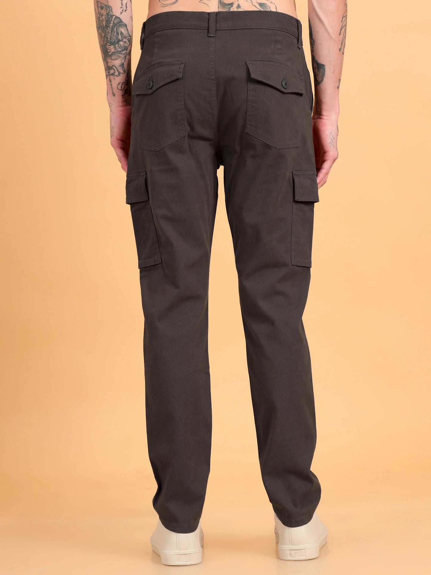 Men Cotton Regular Fit Cargo Trousers, Dark Grey