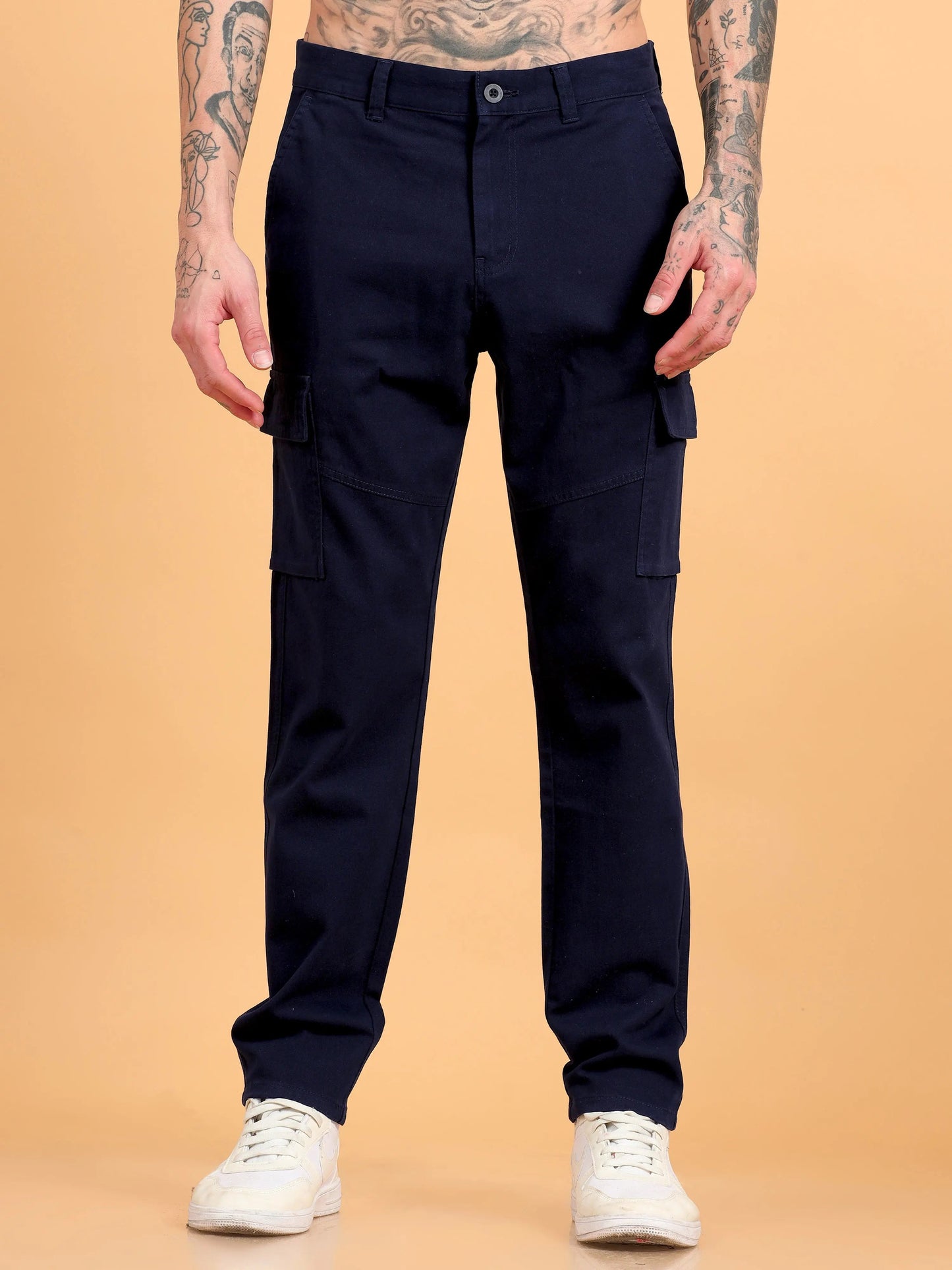 Men Cotton Regular Fit Cargo Trousers, NAVY BLUE