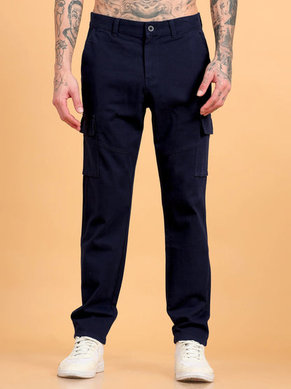 Men Cotton Regular Fit Cargo Trousers, NAVY BLUE