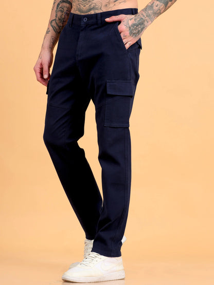 Men Cotton Regular Fit Cargo Trousers, NAVY BLUE