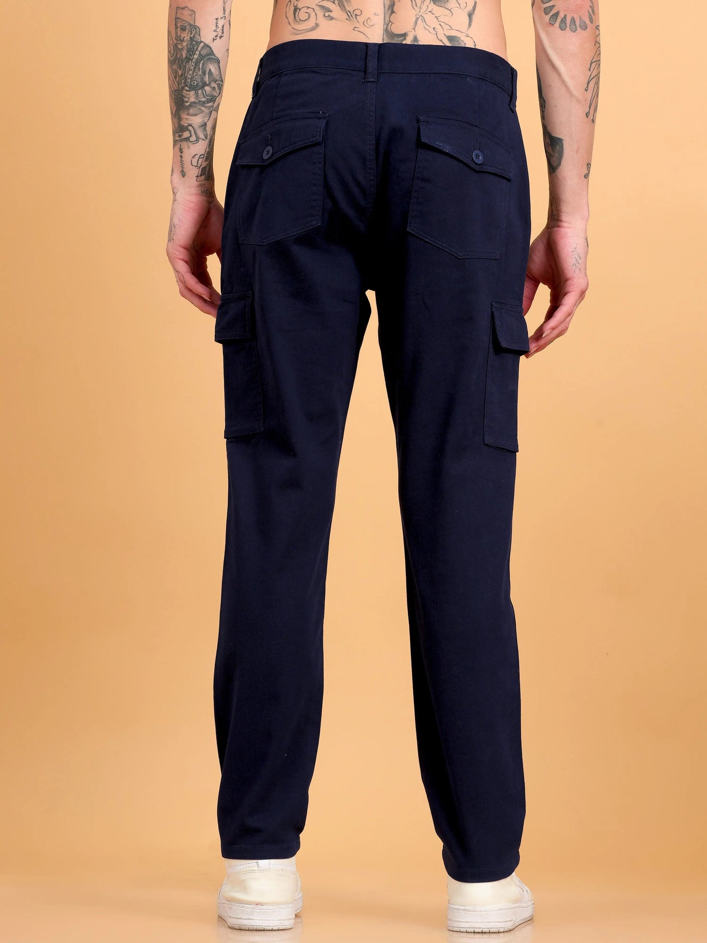 Men Cotton Regular Fit Cargo Trousers, NAVY BLUE