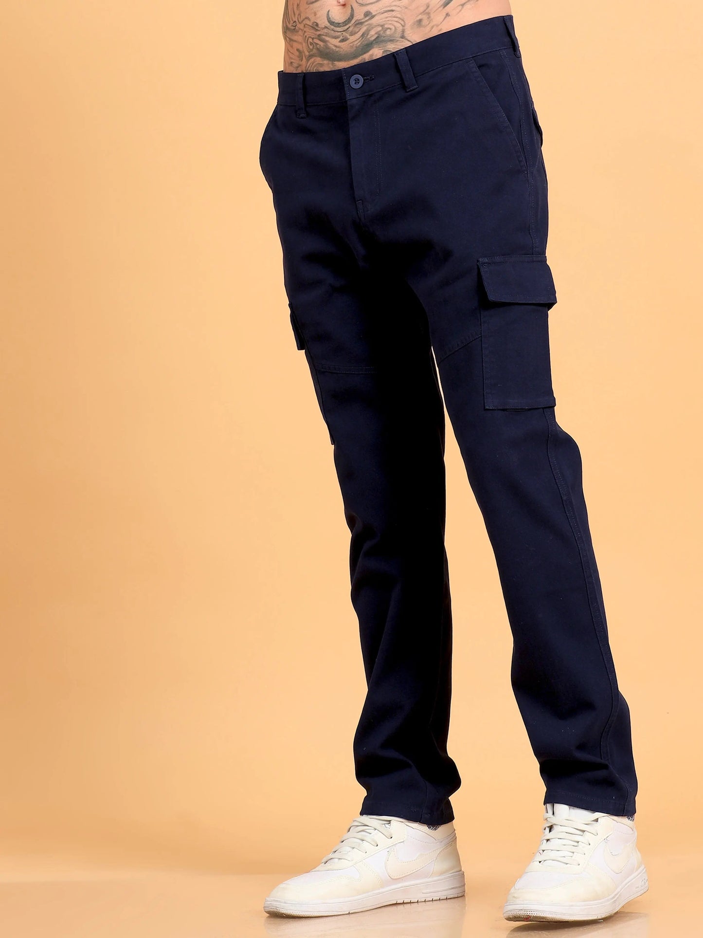 Men Cotton Regular Fit Cargo Trousers, NAVY BLUE