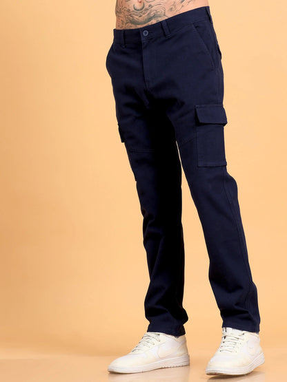 Men Cotton Regular Fit Cargo Trousers, NAVY BLUE