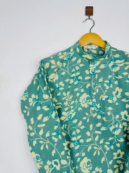 Blue Floral Kantha Short Kurta