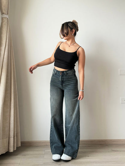 Grunge Edge Double Button High-Waisted Denim Jeans