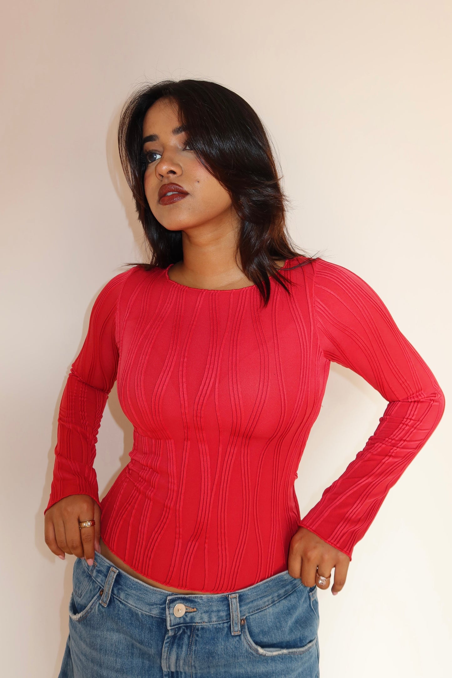 Wavy Aura Full Sleeve Top - Red