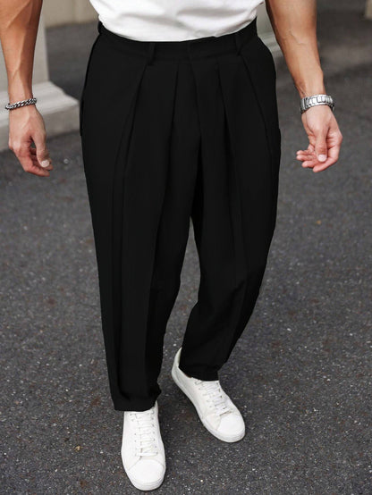 Neat Pleated Tailored Linen Pants - Black