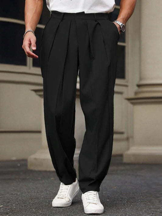 Neat Pleated Tailored Linen Pants - Black
