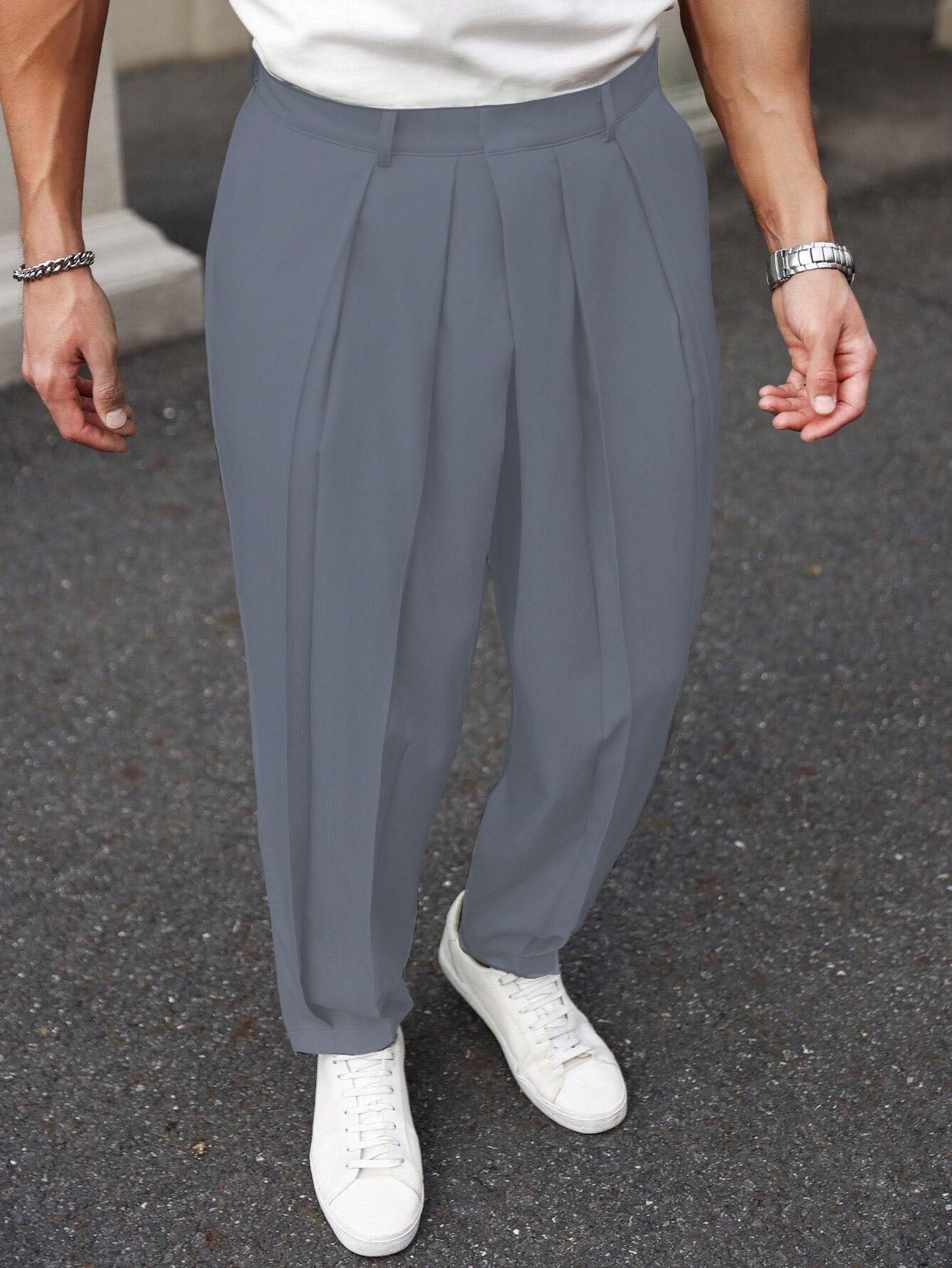 Neat Pleated Tailored Linen Pants - Light Grey