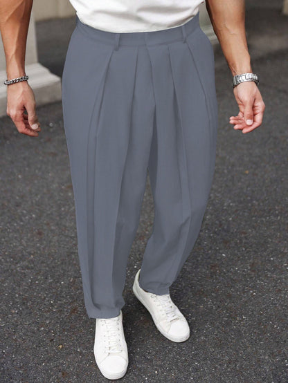 Neat Pleated Tailored Linen Pants - Light Grey