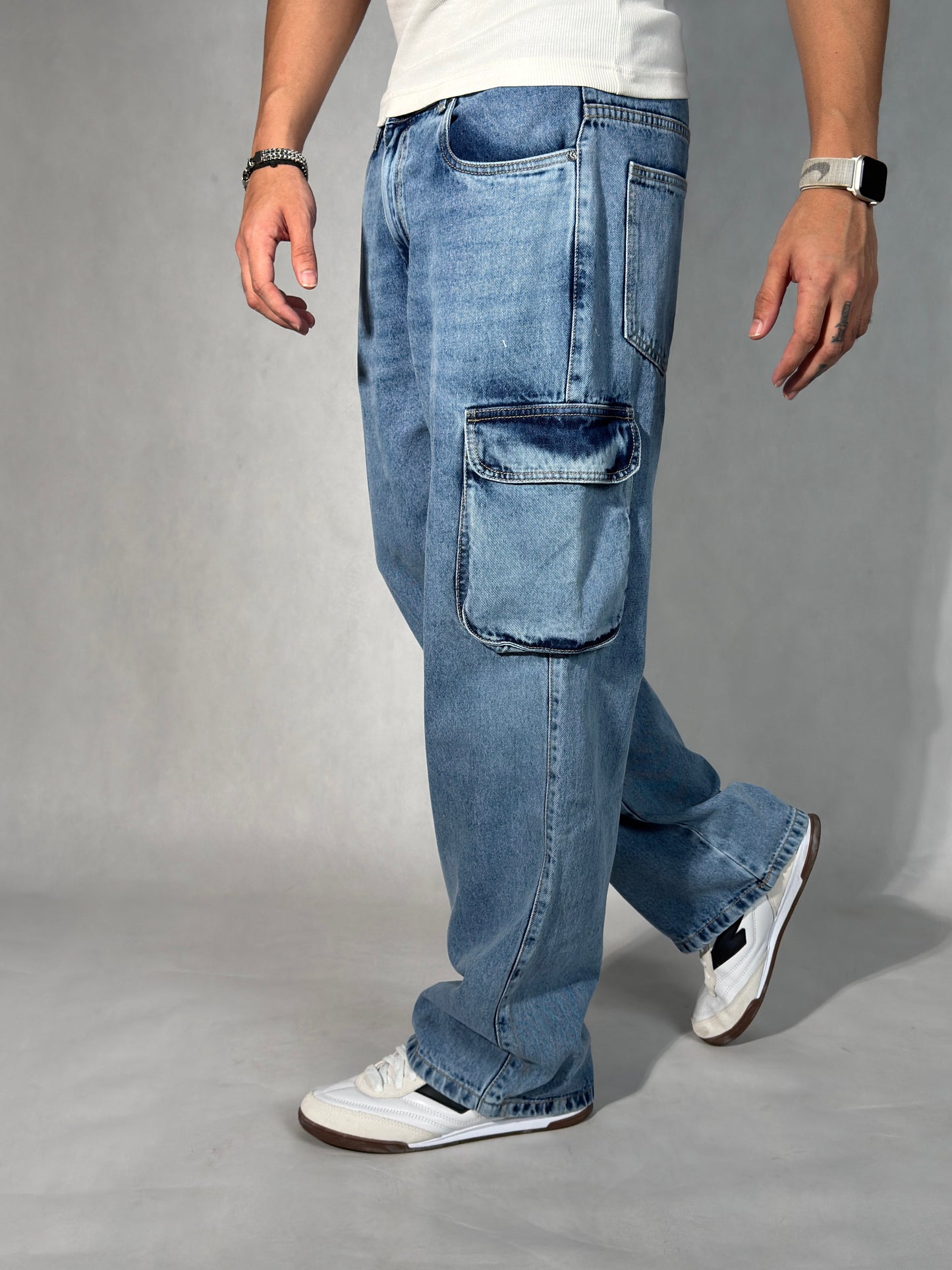 Blue Stone Wash Baggy Fit Cargo Men Jeans