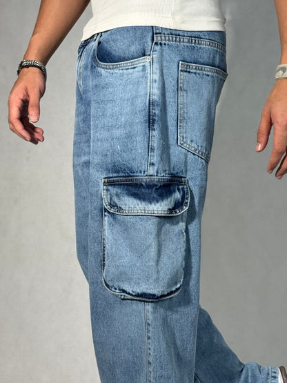 Blue Stone Wash Baggy Fit Cargo Men Jeans